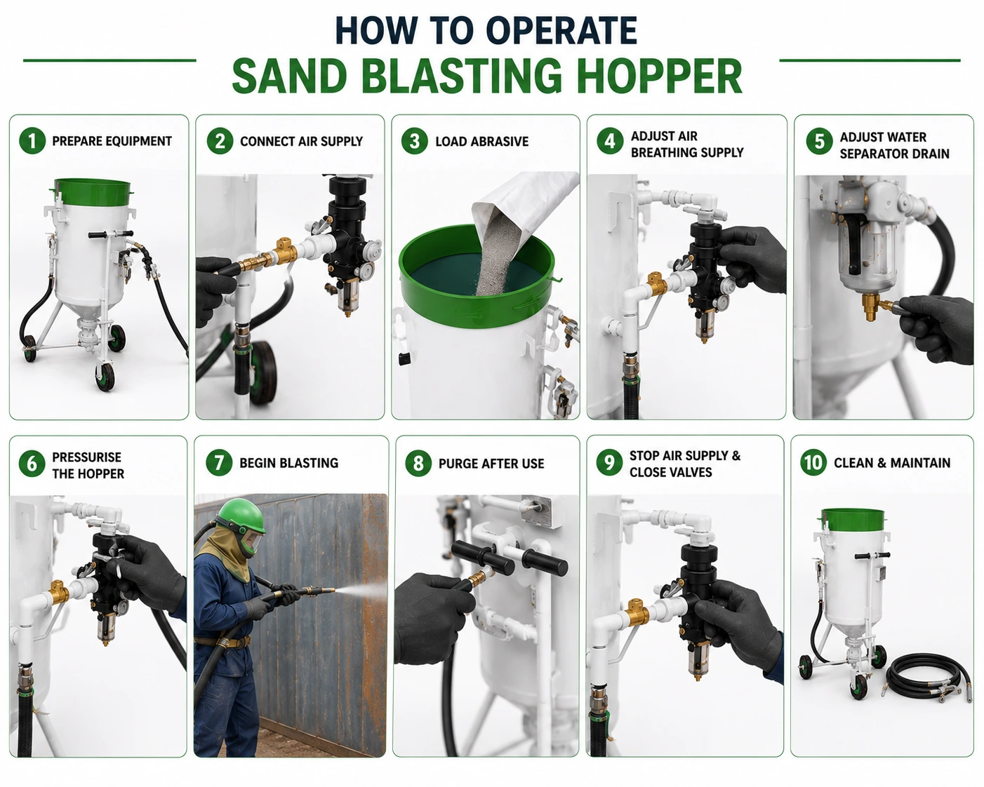 Sand blasting hopper in operation for industrial surface preparation